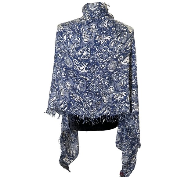 Unbranded Scarf Womens Long Rectangle Blue White Floral Wrap Lightweight Fringe - Picture 5 of 8